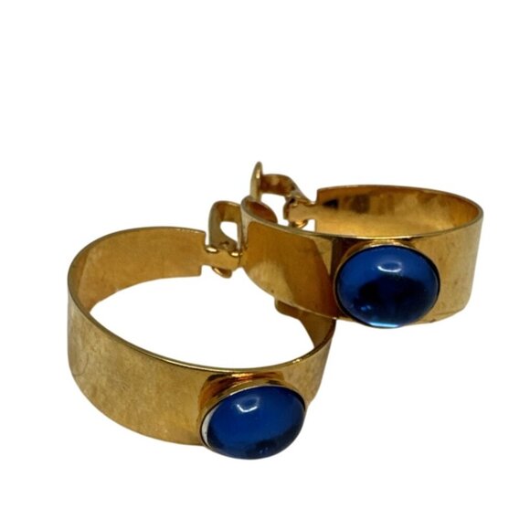 Vintage Gold Hoop Clip-On Earrings With Blue Cabochon Stones - Picture 2 of 4